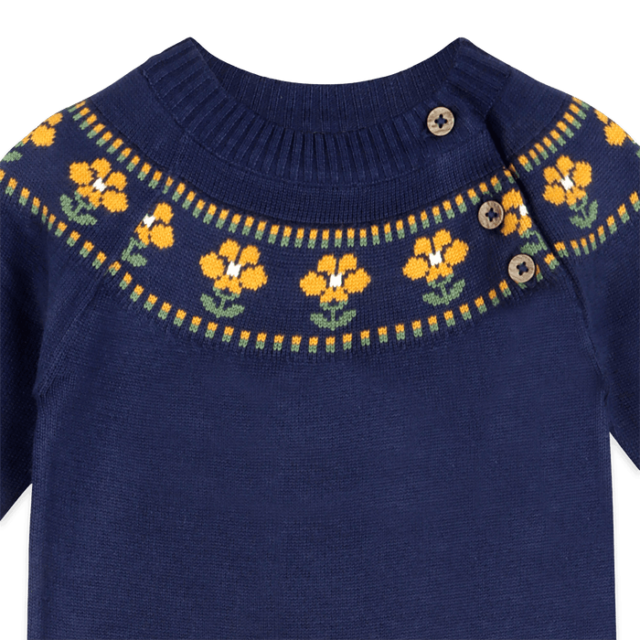 Organic Cotton Floral Fair Isle Knit Baby Jumpsuit, Detail