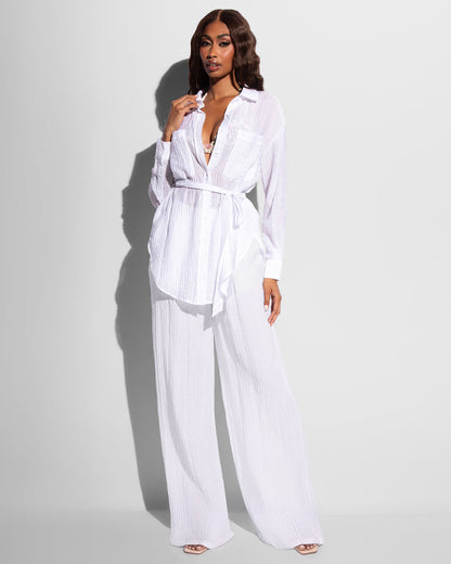 Full body front view of model in Flowy Shirt - Gauze White paired with matching pant