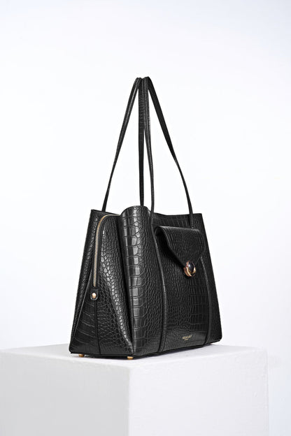 Side view of Francois Black Crocodile print faux leather Laptop Tote showing central zipper laptop compartment