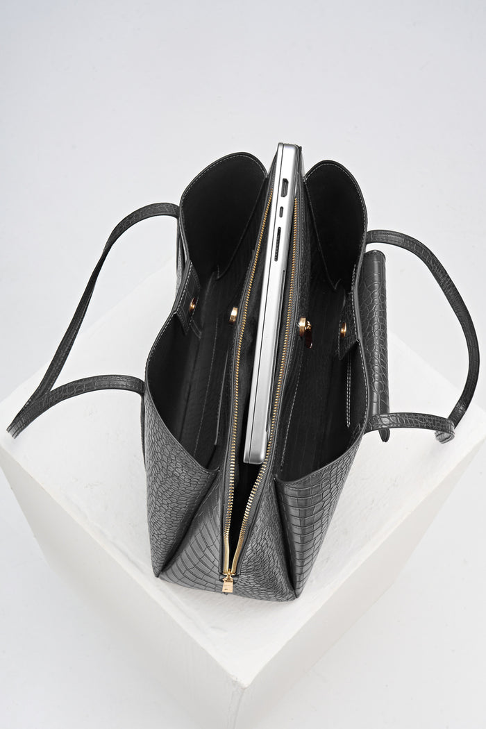 Overhead view of Francois Black  Crocodile print faux leather Laptop Tote showing inside compartments and central laptop zipper compartment