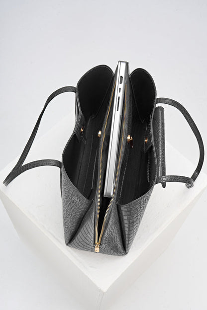 Overhead view of Francois Black  Crocodile print faux leather Laptop Tote showing inside compartments and central laptop zipper compartment