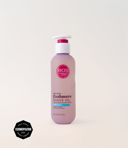 EOS Cashmere Shave Oil bottle on a light pink background