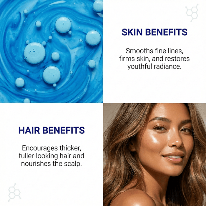 copper peptide smooths fine lines, firms skin, restores youthful radiance, encourages thicker, fuller-looking hair, and nourishes the scalp