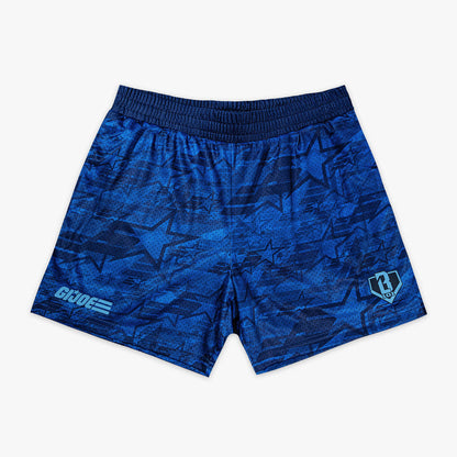 Blue shorts with “G.I. Joe Star” design — front view