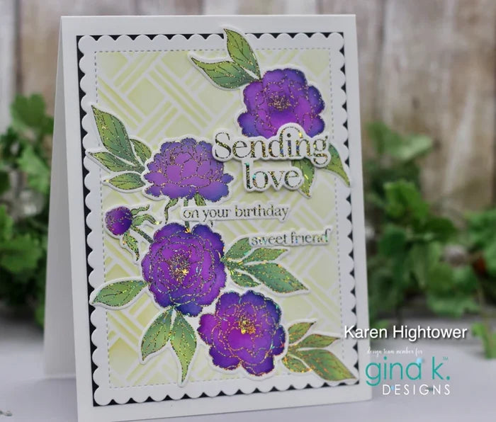 Gina K. Designs - Poly-Glaze Foiling Sheets - Delicate Dahlias. 5 sheets 5 1/2" X 8 1/2". Available at Embellish Away located in Bowmanville Ontario Canada. Card example by Karen Hightower.