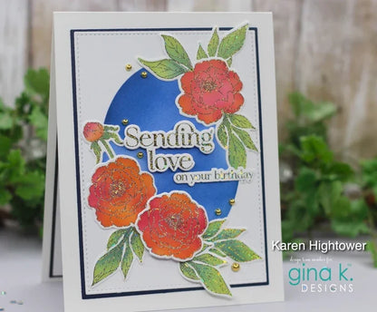 Gina K. Designs - Poly-Glaze Foiling Sheets - Delicate Dahlias. 5 sheets 5 1/2" X 8 1/2". Available at Embellish Away located in Bowmanville Ontario Canada. Card example by Karen Hightower.
