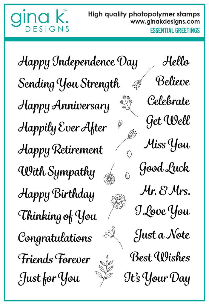 Gina K. Designs - Stamp - Essential Greetings. Available at Embellish Away located in Bowmanville Ontario Canada.