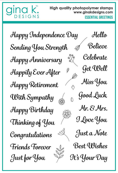 Gina K. Designs - Stamp - Essential Greetings. Available at Embellish Away located in Bowmanville Ontario Canada.