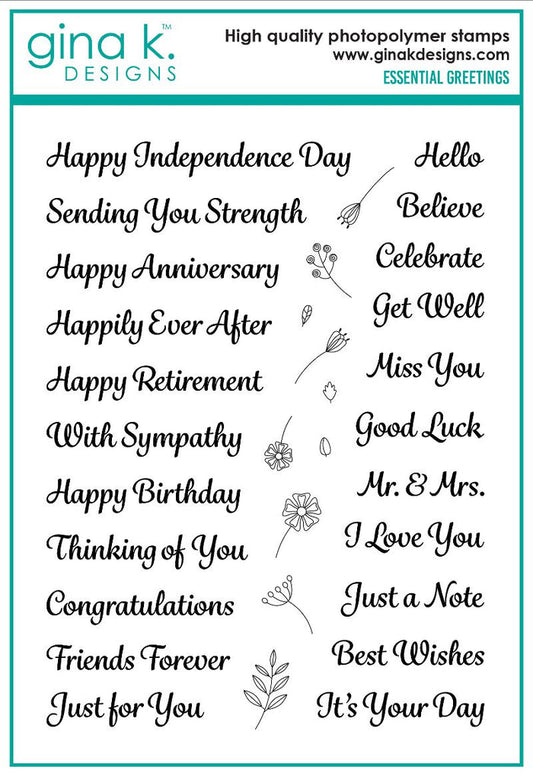 Gina K. Designs - Stamp - Essential Greetings. Available at Embellish Away located in Bowmanville Ontario Canada.