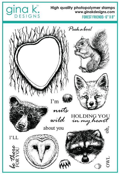 Gina K. Designs - Stamps - Forest Friends. Forrest Friends is a stamp set by Gina K Designs. This set is made of premium clear photopolymer and measures 6" X 8".   Made in the USA  Coordinating die set sold separately.
