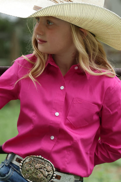 Girl's Cruel Hot Pink Solid Long Sleeve Button Shirt