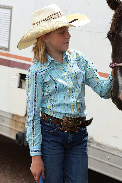 Girl's Cruel Light Blue Multi Print Long Sleeve Snap Shirt