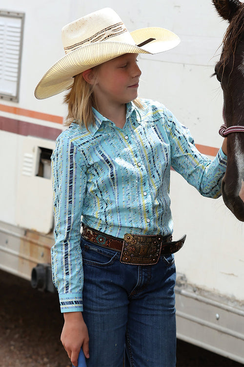 Girl's Cruel Light Blue Multi Print Long Sleeve Snap Shirt