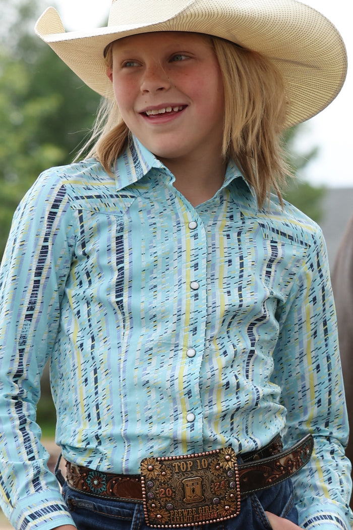 Girl's Cruel Light Blue Multi Print Long Sleeve Snap Shirt