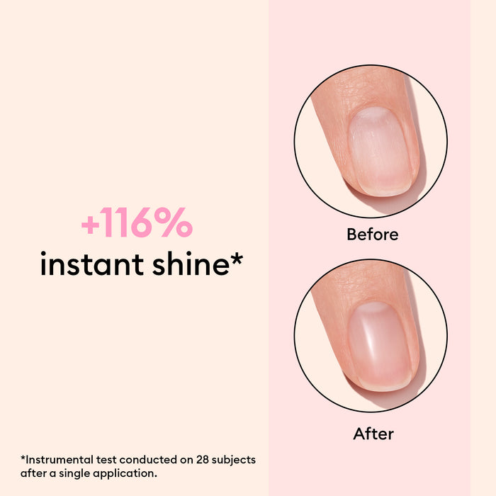 Split image with text and two close-up photos of a fingernail labeled Before (matte) and After (glossy). Text: +116% instant shine from Manucurist Prep  Glow Routine. Perfect for upgrading your nail care. Test note at bottom.