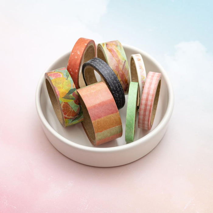 Heidi Swapp - Sun Chaser - Washi Tape Rolls 8/Pkg. this set includes 8 rolls, each roll containing 6 yards. Available at Embellish Away located in Bowmanville Ontario Canada.
