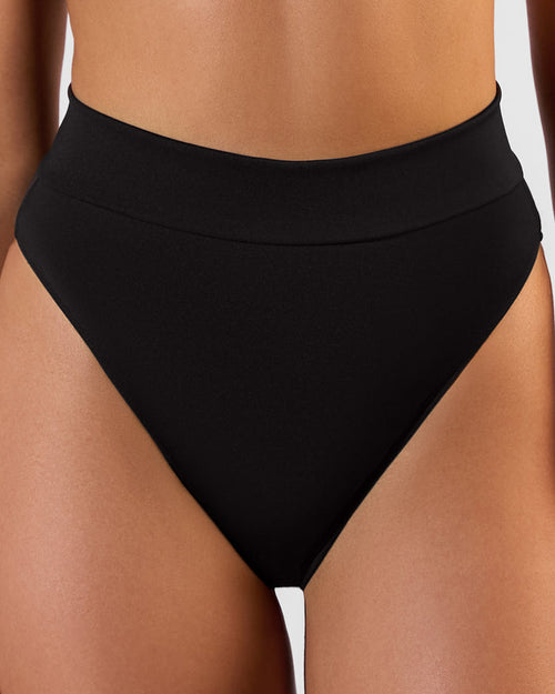 Close up front view of Hi Cut Adjustable Kini Bottom - Black