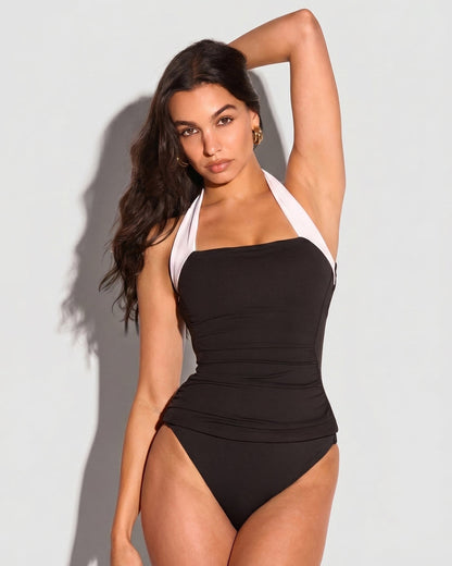 Model wearing Hi Cut Smoothing Kini Bottom - Black paired with a TA3 tankini