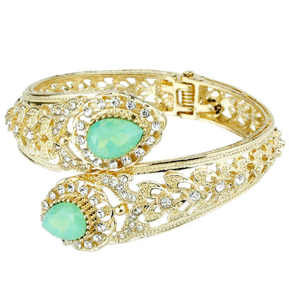 High Quality Gold Color Stunning Mint Green Crystal Traditional Openable Bracelet Bangle