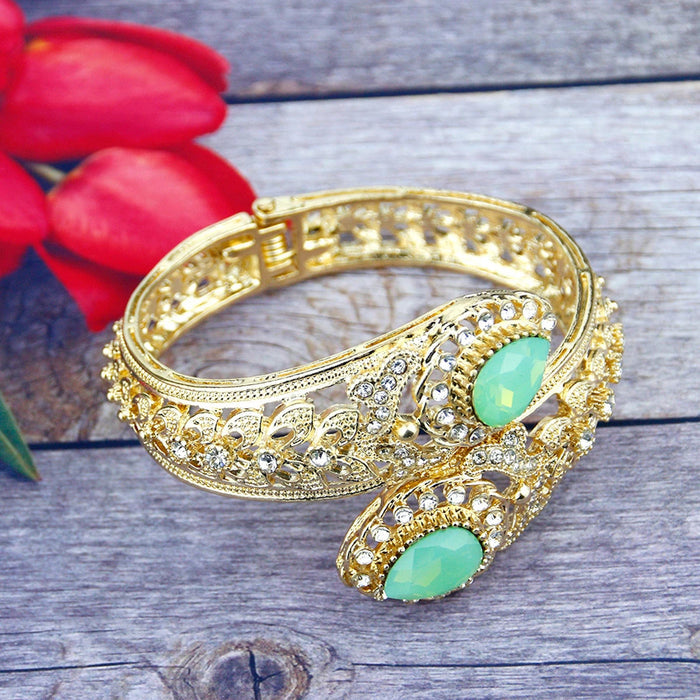 High Quality Gold Color Stunning Mint Green Crystal Traditional Openable Bracelet Bangle
