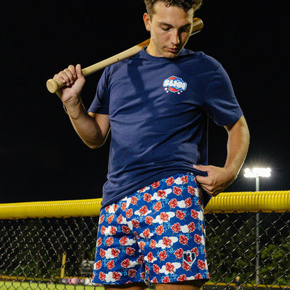 Adult model wearing red, white & blue Home Run Sugar USA shorts