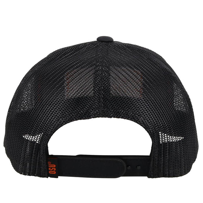 Hooey x Oklahoma State University Cowboys Black 6 panel snapback trucker cap with mesh back. Features a Cowboys patch on front and a small Hooey logo on side. Rear view stock photo.