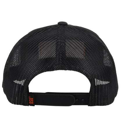 Hooey x Oklahoma State University Cowboys Black 6 panel snapback trucker cap with mesh back. Features a Cowboys patch on front and a small Hooey logo on side. Rear view stock photo.
