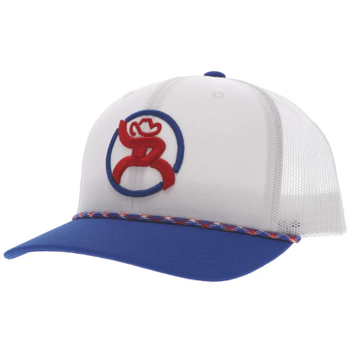 Hooey "Roughy" logo red, white, and blue rope cap. Front View