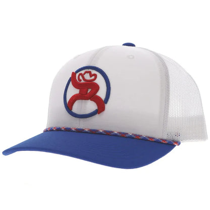 Hooey "Roughy" logo red, white, and blue rope cap. Front View