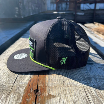Hooey x Austin Gamblers black and neon green snapback cap. Austin Gamblers Deal Me In patch with neon green and black rope on front. Side View showing H logo in neon green.