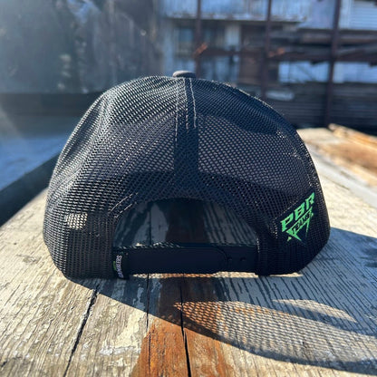 Hooey x Austin Gamblers black and neon green snapback cap. Austin Gamblers Deal Me In patch with neon green and black rope on front.  Rear view showing black mesh back with small Austin Gamblers tag on side of snapback and a PBR Teams logo on other side.