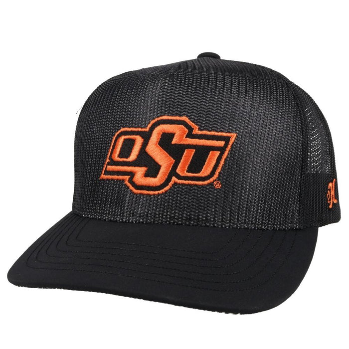 Oklahoma State University Hooey snapback trucker cap. Solid black, mesh back with OSU embroidery. Front View Stock Photo