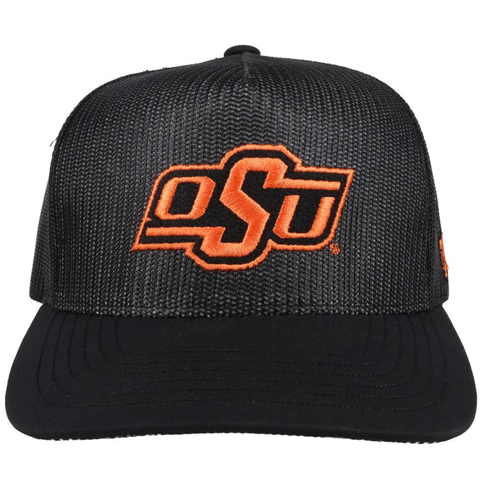 Oklahoma State University Hooey snapback trucker cap. Solid black, mesh back with OSU embroidery. Front view stock photo.