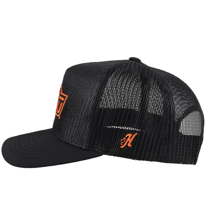 Oklahoma State University Hooey snapback trucker cap. Solid black, mesh back with OSU embroidery. Side view stock photo showing H logo on side.