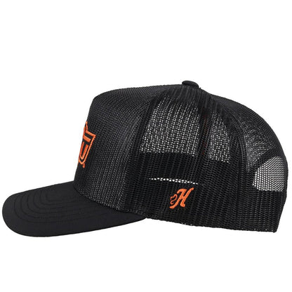 Oklahoma State University Hooey snapback trucker cap. Solid black, mesh back with OSU embroidery. Side view stock photo showing H logo on side.