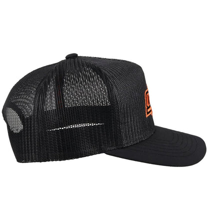 Oklahoma State University Hooey snapback trucker cap. Solid black, mesh back with OSU embroidery. Side view stock photo