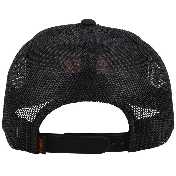 Oklahoma State University Hooey snapback trucker cap. Solid black, mesh back with OSU embroidery. Rear view stock photo showing Cowboys tag on side of snapback.