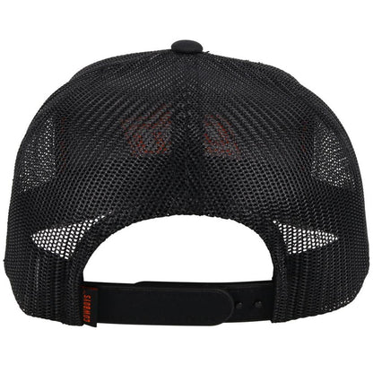 Oklahoma State University Hooey snapback trucker cap. Solid black, mesh back with OSU embroidery. Rear view stock photo showing Cowboys tag on side of snapback.