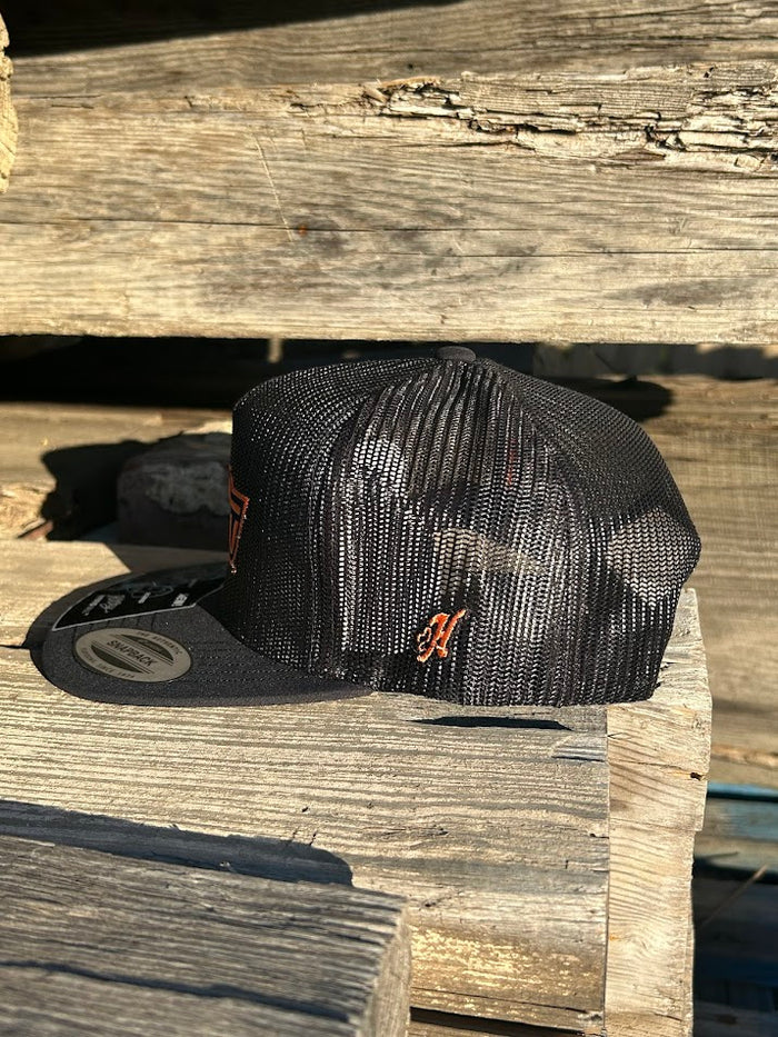 Oklahoma State University Hooey snapback trucker cap. Solid black, mesh back with OSU embroidery. Side view showing H logo.