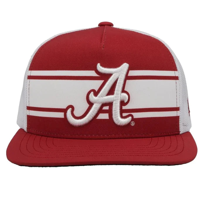 Hooey x University of Alabama A logo Crimson and White snapback trucker cap. Embroidered A logo on front, small H logo on side, white mesh back with red snapback with small Alabama tag.  Full front view stock photo.
