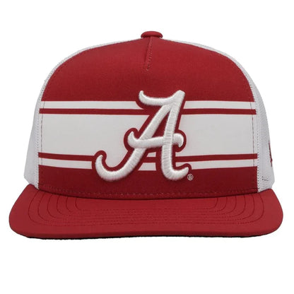 Hooey x University of Alabama A logo Crimson and White snapback trucker cap. Embroidered A logo on front, small H logo on side, white mesh back with red snapback with small Alabama tag.  Full front view stock photo.