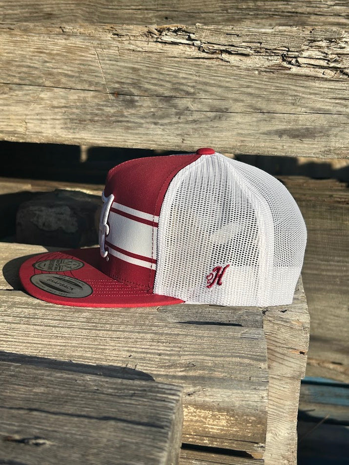 Hooey x University of Alabama A logo Crimson and White snapback trucker cap. Embroidered A logo on front, small H logo on side, white mesh back with red snapback with small Alabama tag. Side View
