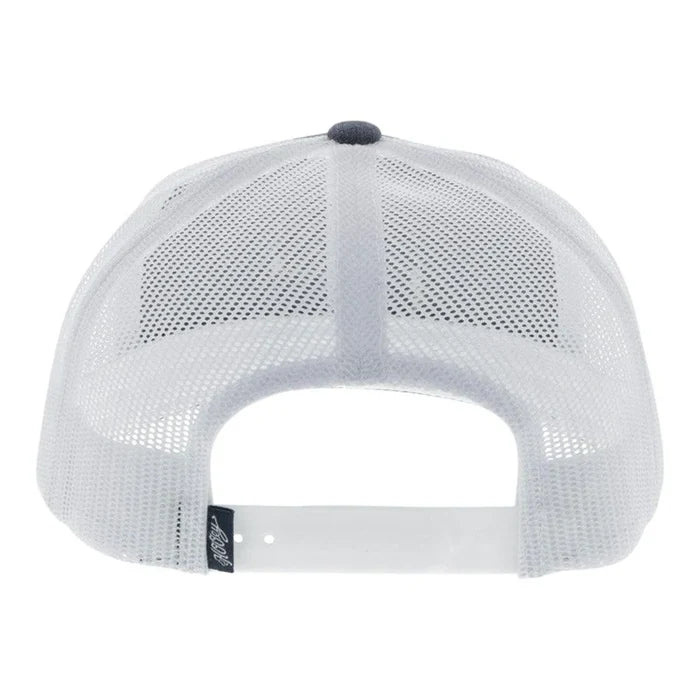 Grey and White snapback cap with Hooey logo patch. Rear view showing adjustable strap.