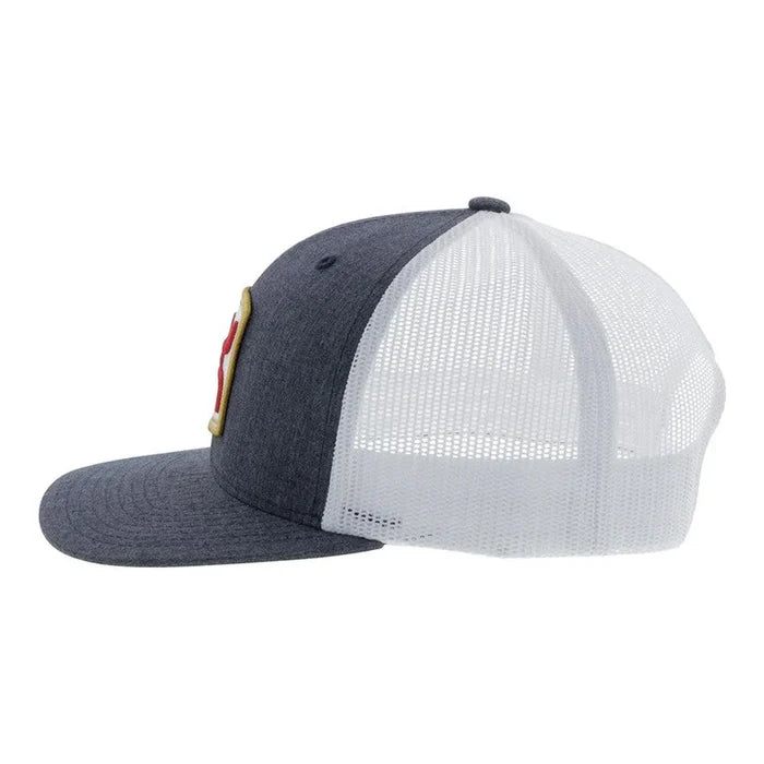 Grey and White snapback cap with Hooey logo patch. Side View