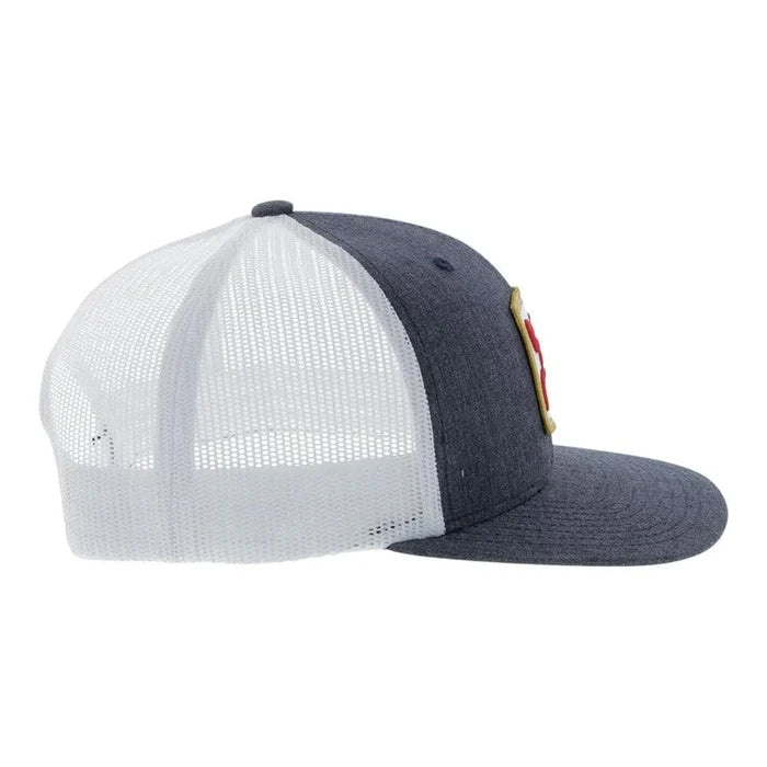 Grey and White snapback cap with Hooey logo patch. Side view