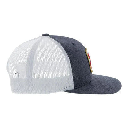 Grey and White snapback cap with Hooey logo patch. Side view