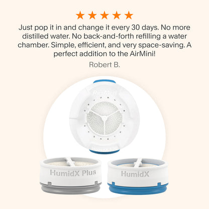 Testimonial praising the HumidX and HumidX Plus for AirMini for its simplicity, efficiency, and space-saving design, eliminating the need for distilled water while traveling.