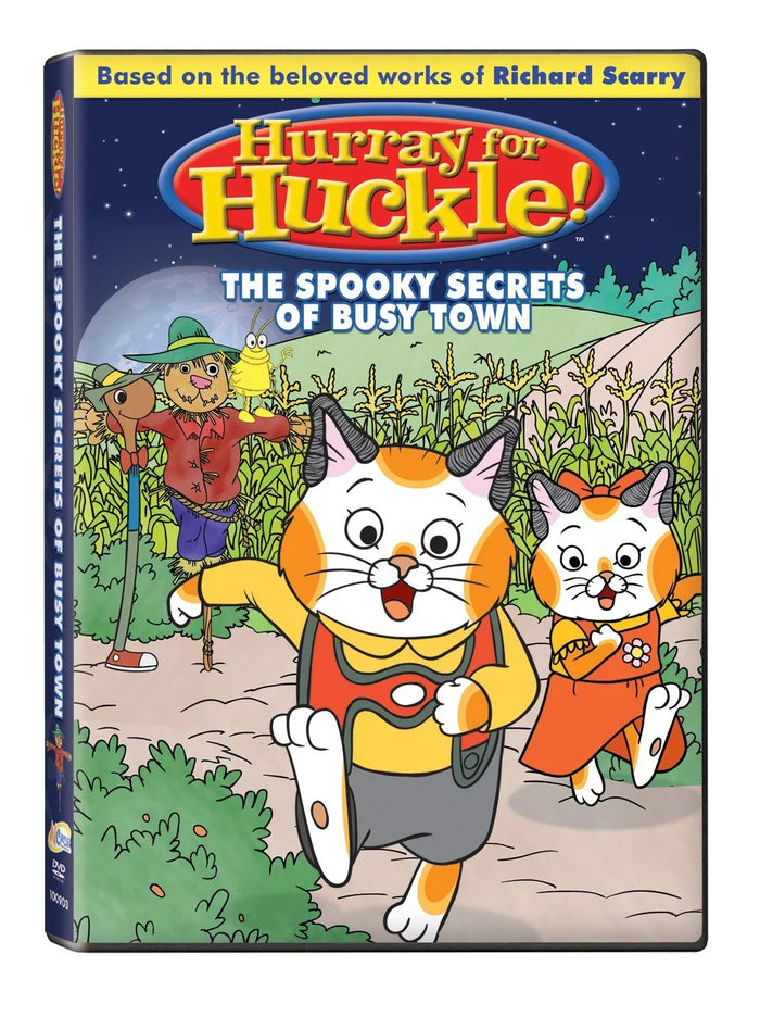 DVD cover for Hurray for Huckle! The Spooky Secrets of Busy Town, featuring cartoon cats running in a cornfield.