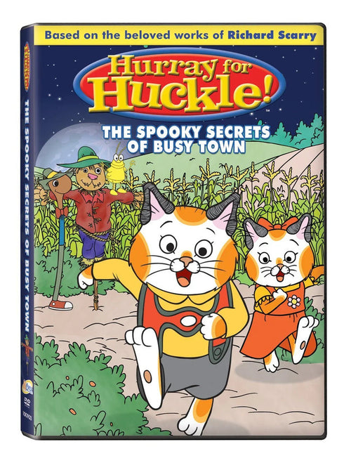 DVD cover for Hurray for Huckle! The Spooky Secrets of Busy Town, featuring cartoon cats running in a cornfield.