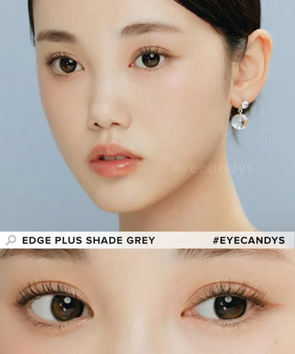 Model showcasing the natural look using i-Sha Oriana Edge Plus Shade Grey prescription colored contact lenses, above a closeup of a pair of eyes enhanced and widened by the circle lenses.